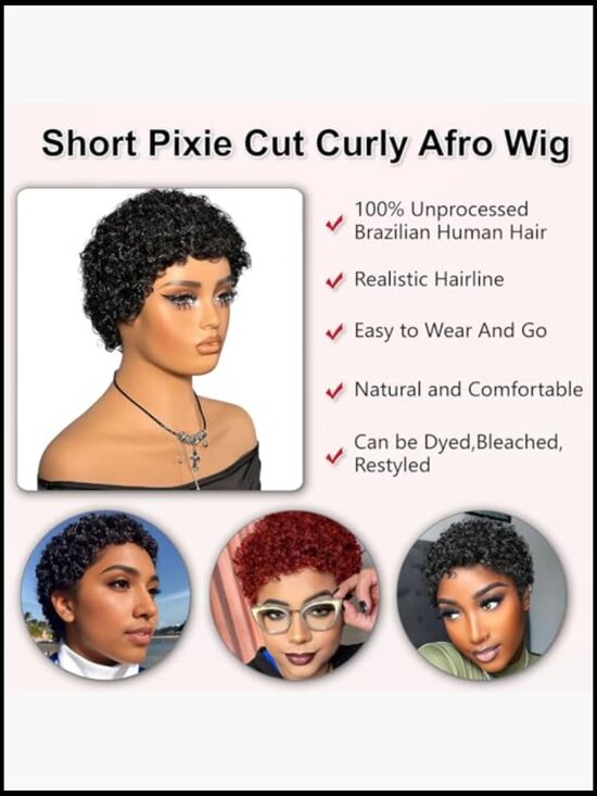 Short Kinky Curly Pixie Cut Wig 100% Virgin Human Hair Deep Wave Glueless Daily main image 5